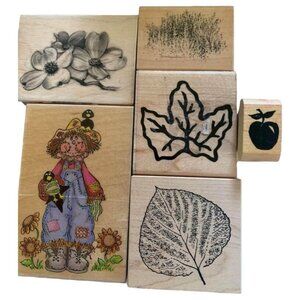 Vintage Wood Rubber Stamp Set Scarecrow Leaves & Flower Designs